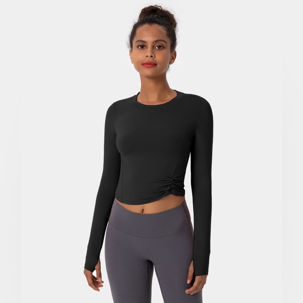 Halara Crew Neck Thumb Hole Ruched Crop Top